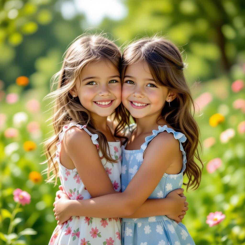 Girls Embrace in Summer Garden: Photorealistic Style