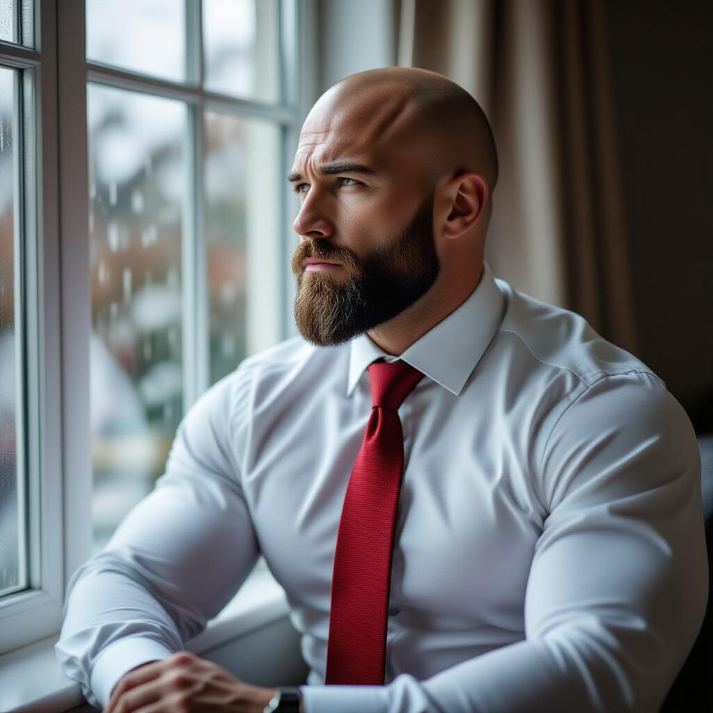 Muscular Bodybuilder Contemplates Rainy Day By Window