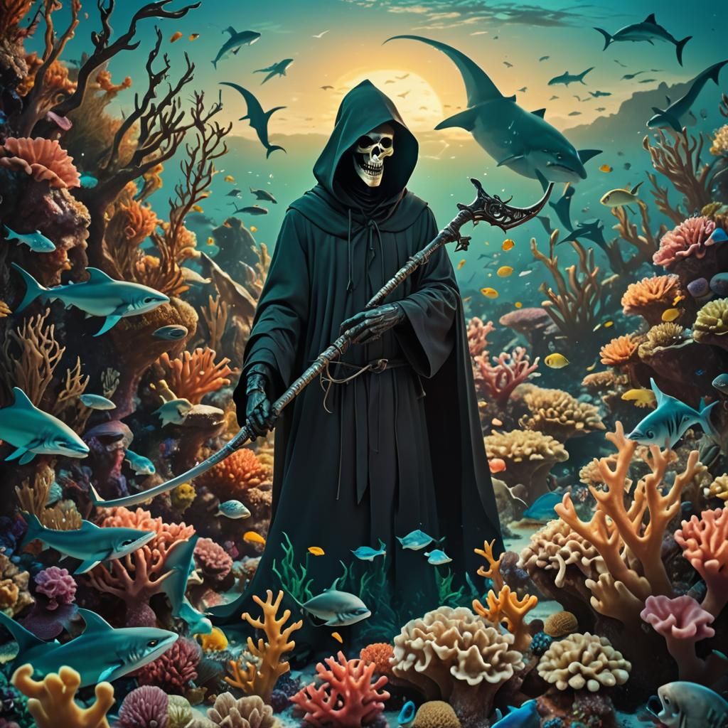 Reaper in Coral Reef with Sharks: Cinematic Still