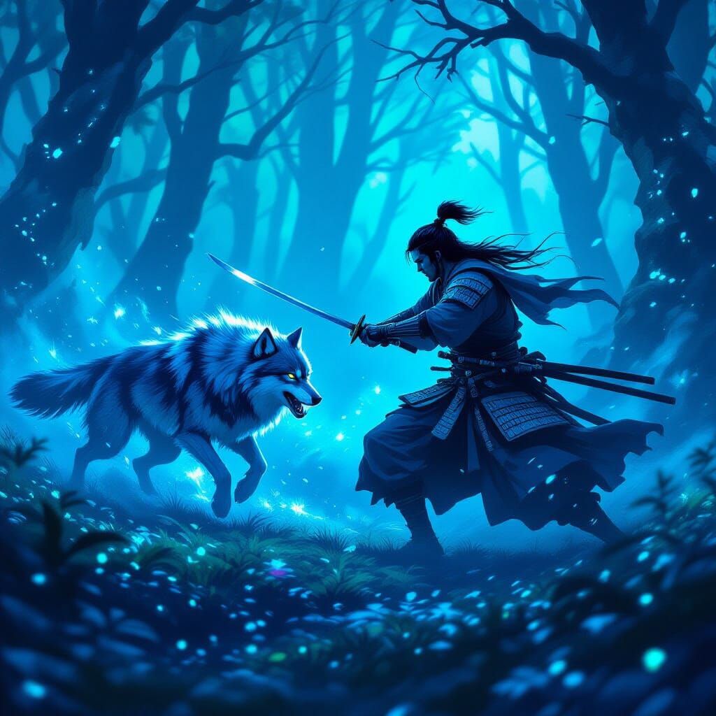 Samurai Warrior Battles With Spectral Wolf in Bioluminescent...