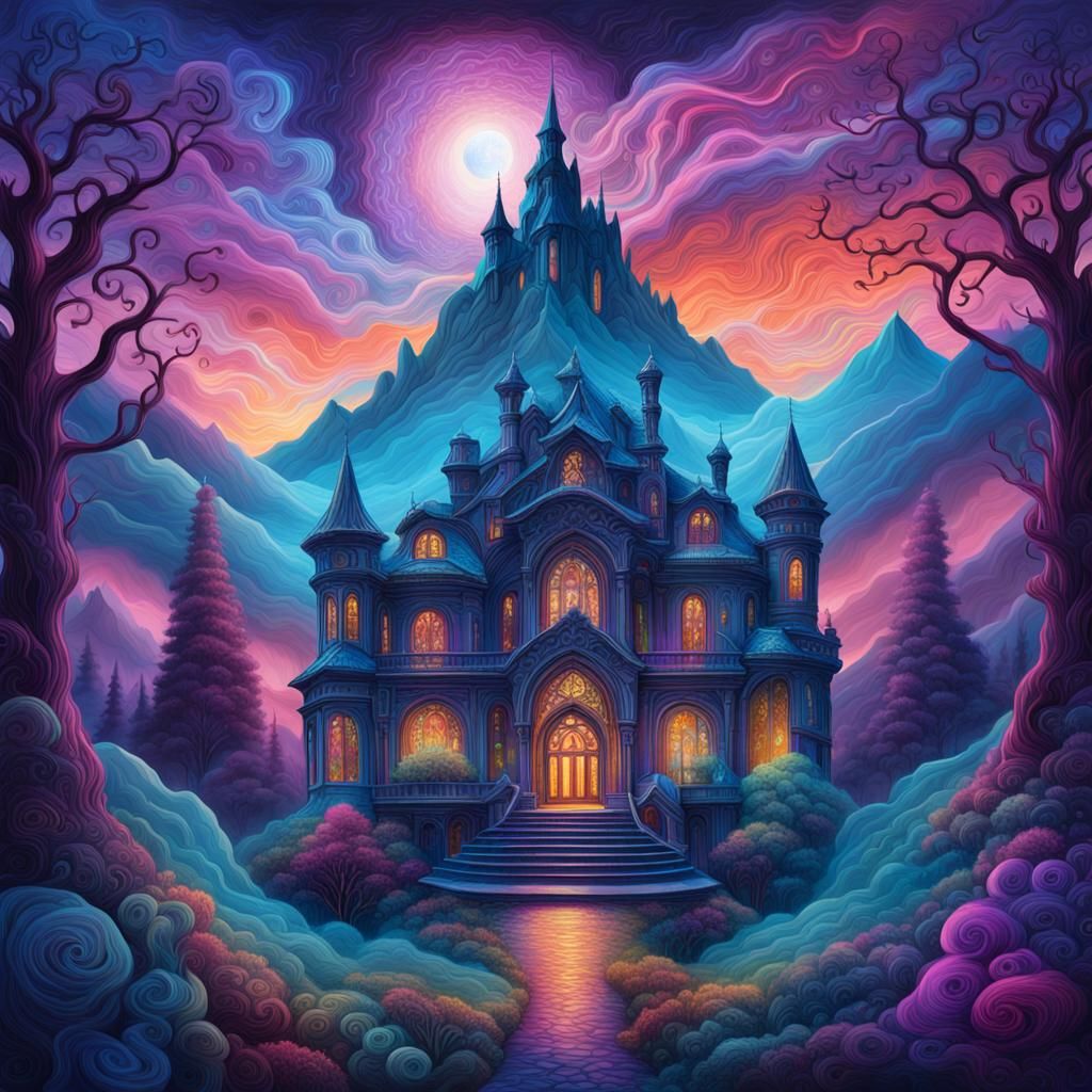 Gothic Mansion at Mountain Base in Cosmic Dreamscape