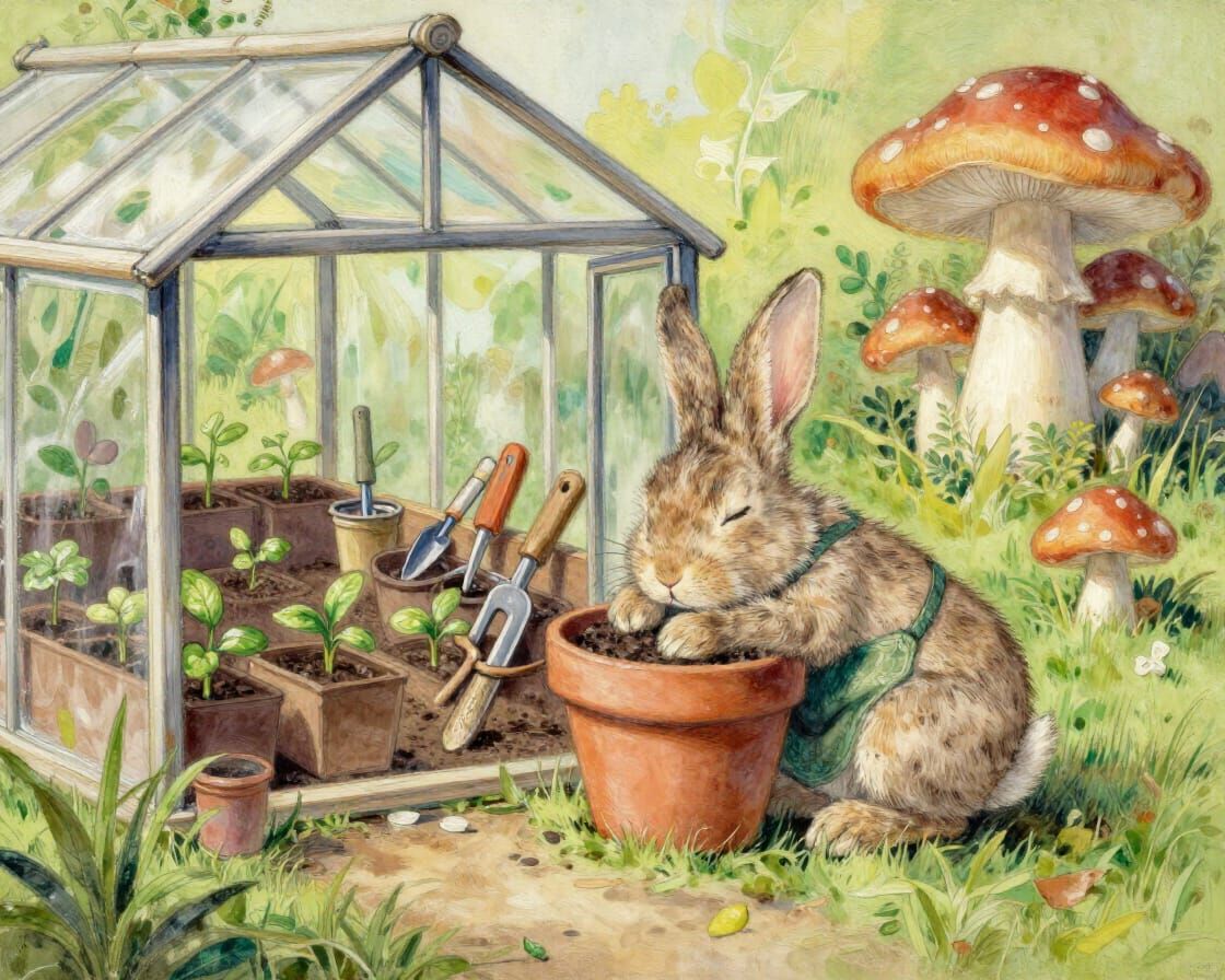 Sleepy Rabbit Gardener in Watercolour and Charcoal Sketch