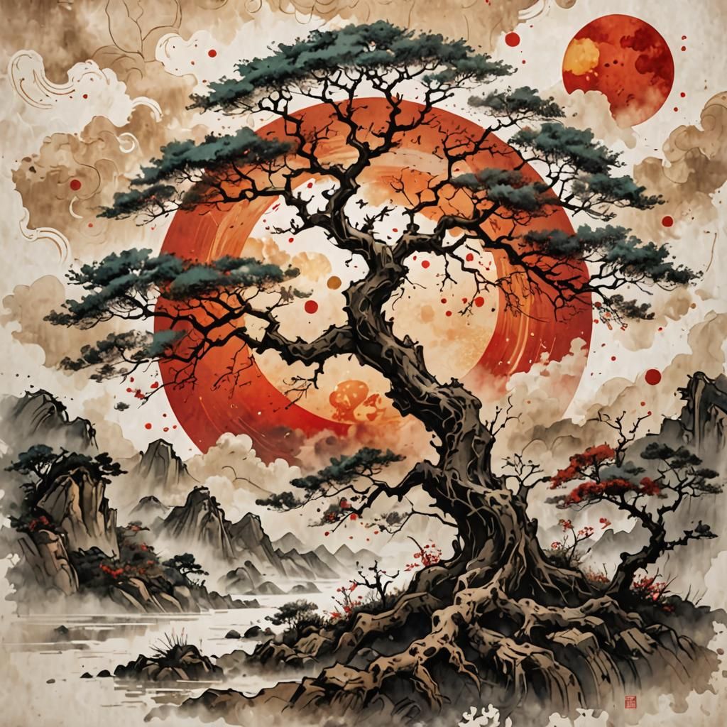 Old Tree in Space: Chinese Ink Painting