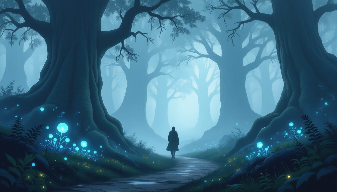 Mystical Forest Path in Ethereal Fog