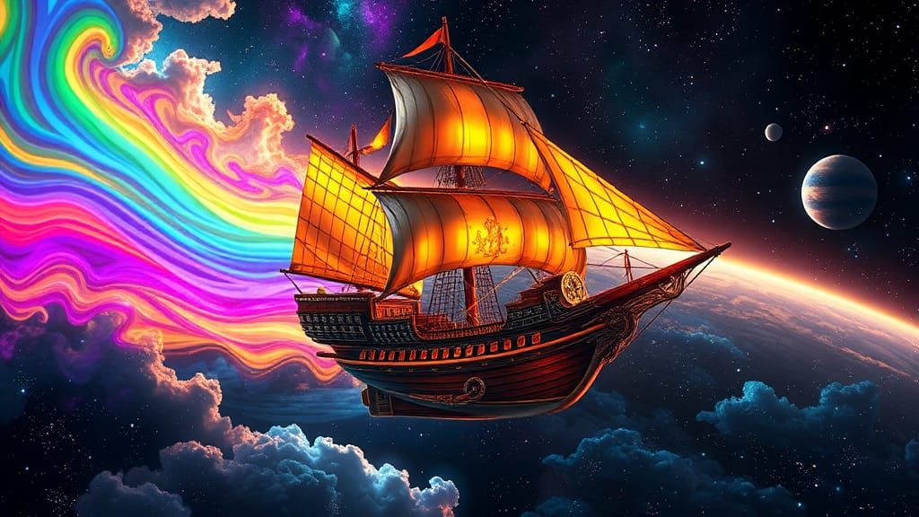 Grand Pirate Ship Soaring Through Space in Epic Painting