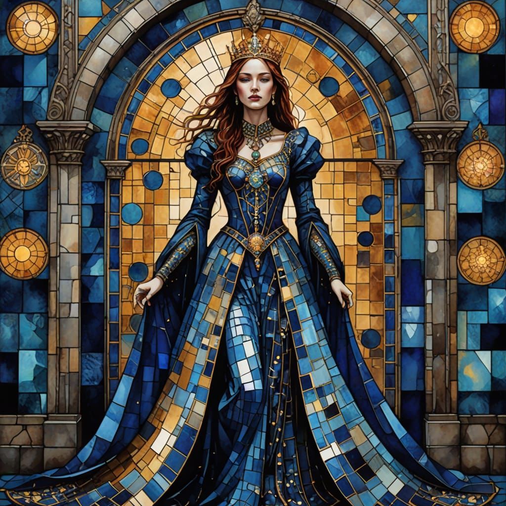 Queen in Stained Glass Dress in Castle Hall