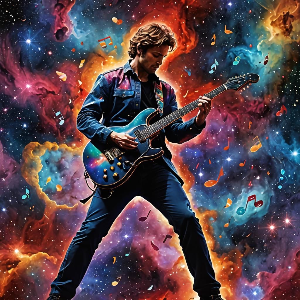 Silhouette of Guitarist Made of Music Notes