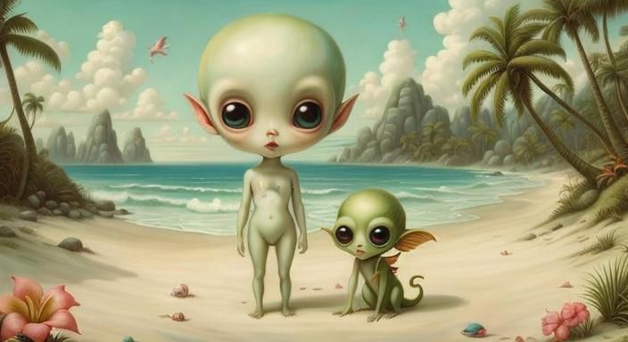 Adorable Alien on Tropical Beach in Surreal Style