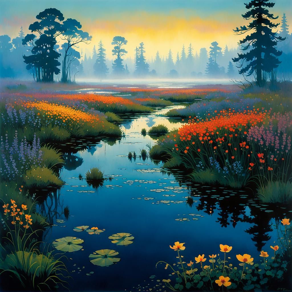 Misty Bog with Wildflowers: Romantic Landscape Art