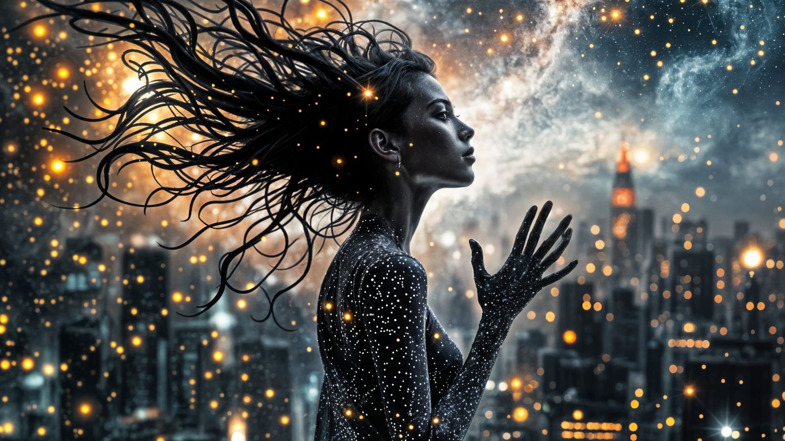 Fragmented Woman in Ukiyo-e Skyline with Metallic Tones