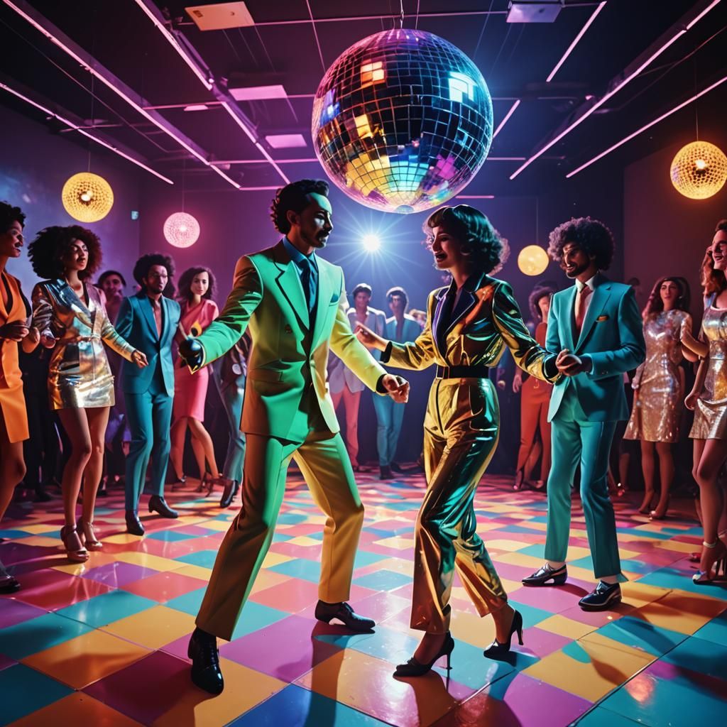 Retro-Futuristic Disco Scene in Neon Colors