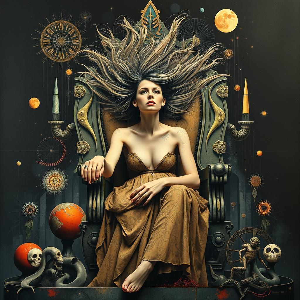 Dystopian Art Deco Throne: Windswept Woman in Surreal Style