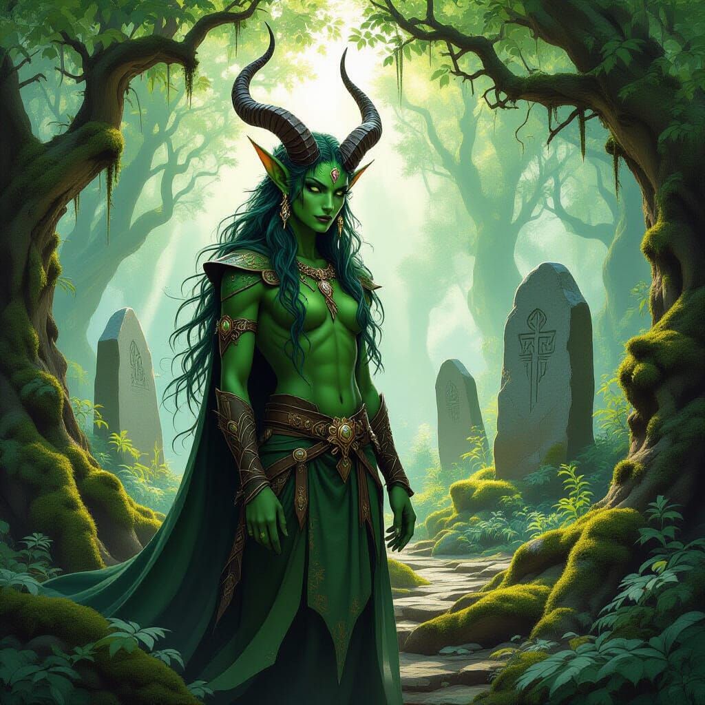 Emerald Tiefling Druid in Ancient Forest, Art Nouveau