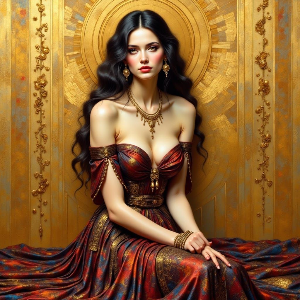 Luxurious Oil Painting of a Seated Beauty