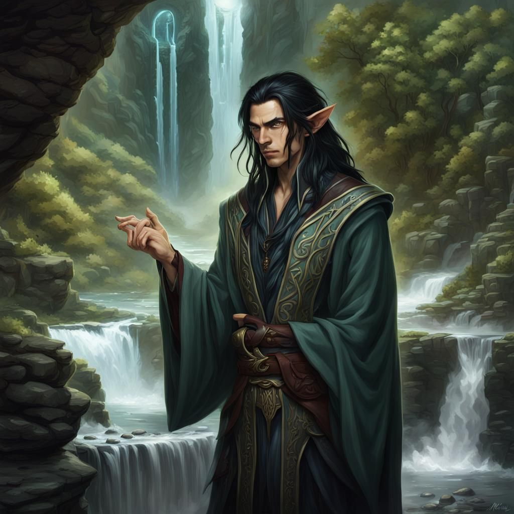 Sci-Fi Elf Mage in Penthouse Overlooking Waterfalls