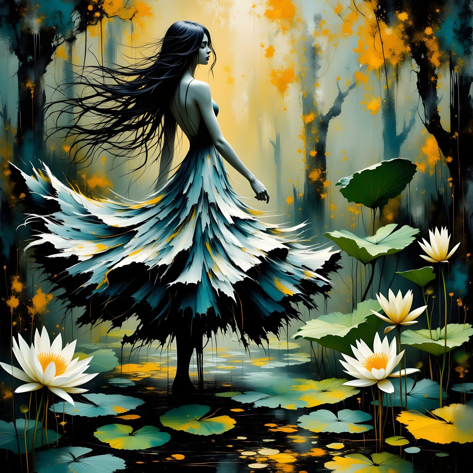 Woman Dancing on Lily Pad: Surreal Impasto Painting