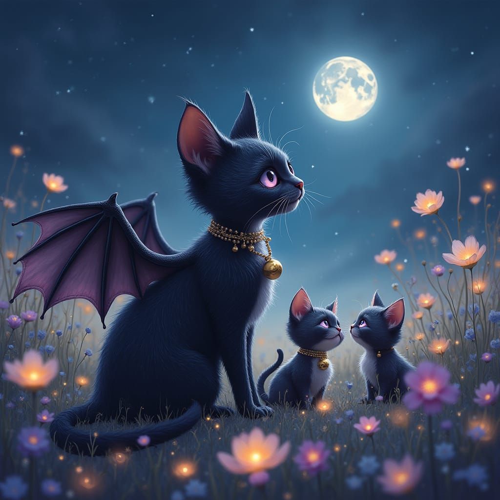 Winged Cat and Kittens in Dreamlike Flower Field