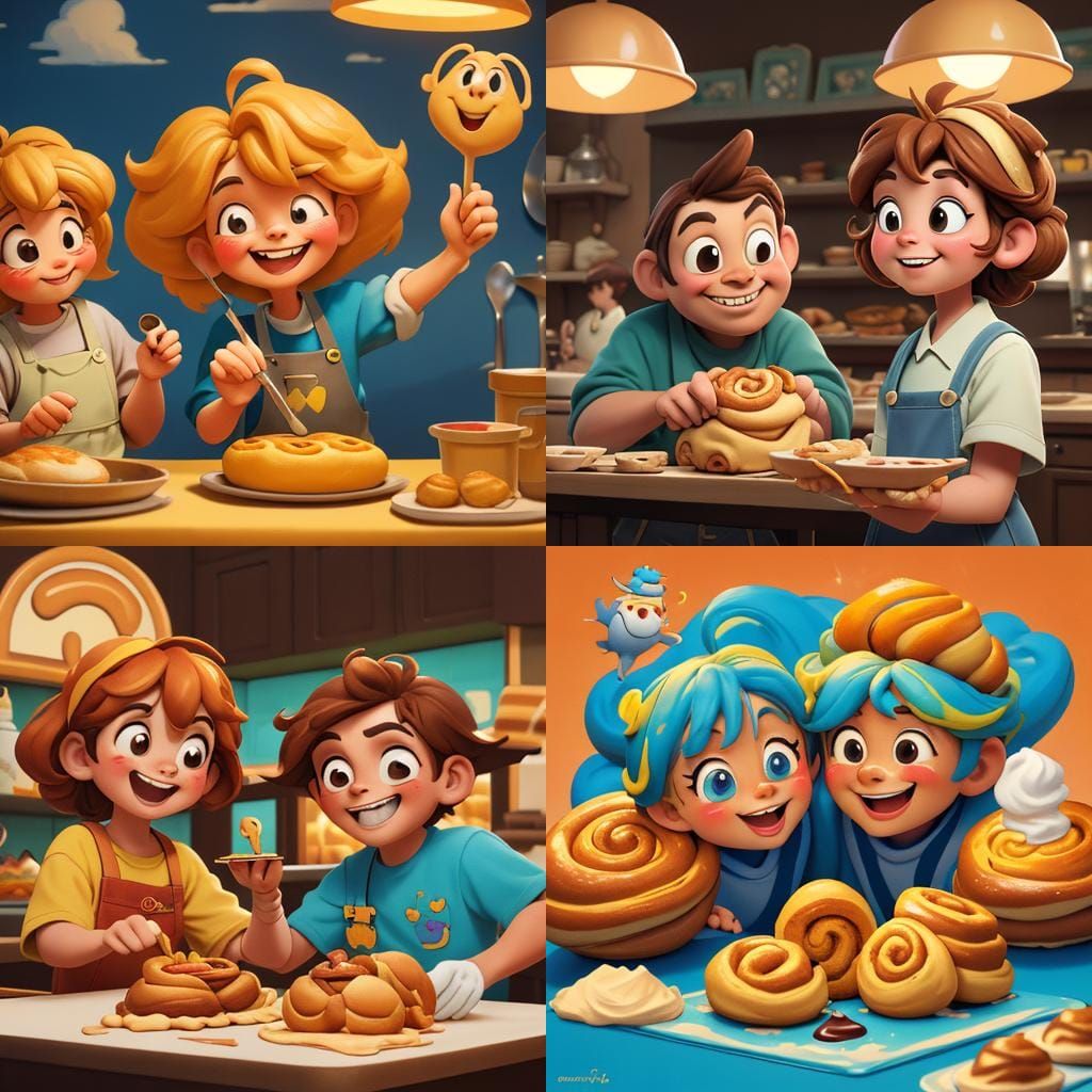 Whimsical Kitchen Scene with Kids and Cinnamon Rolls