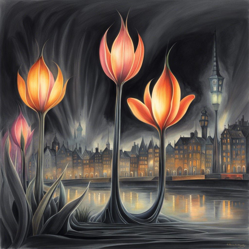 Surreal Tulip Lamps Light Misty City, Pencil Drawing