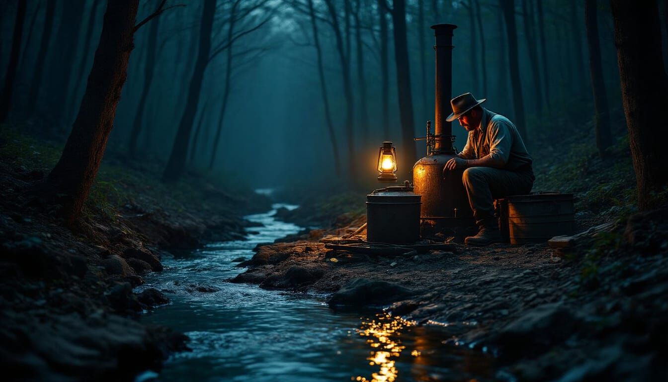 Moonshiners at a Hidden Whisky Still in Dark Woods