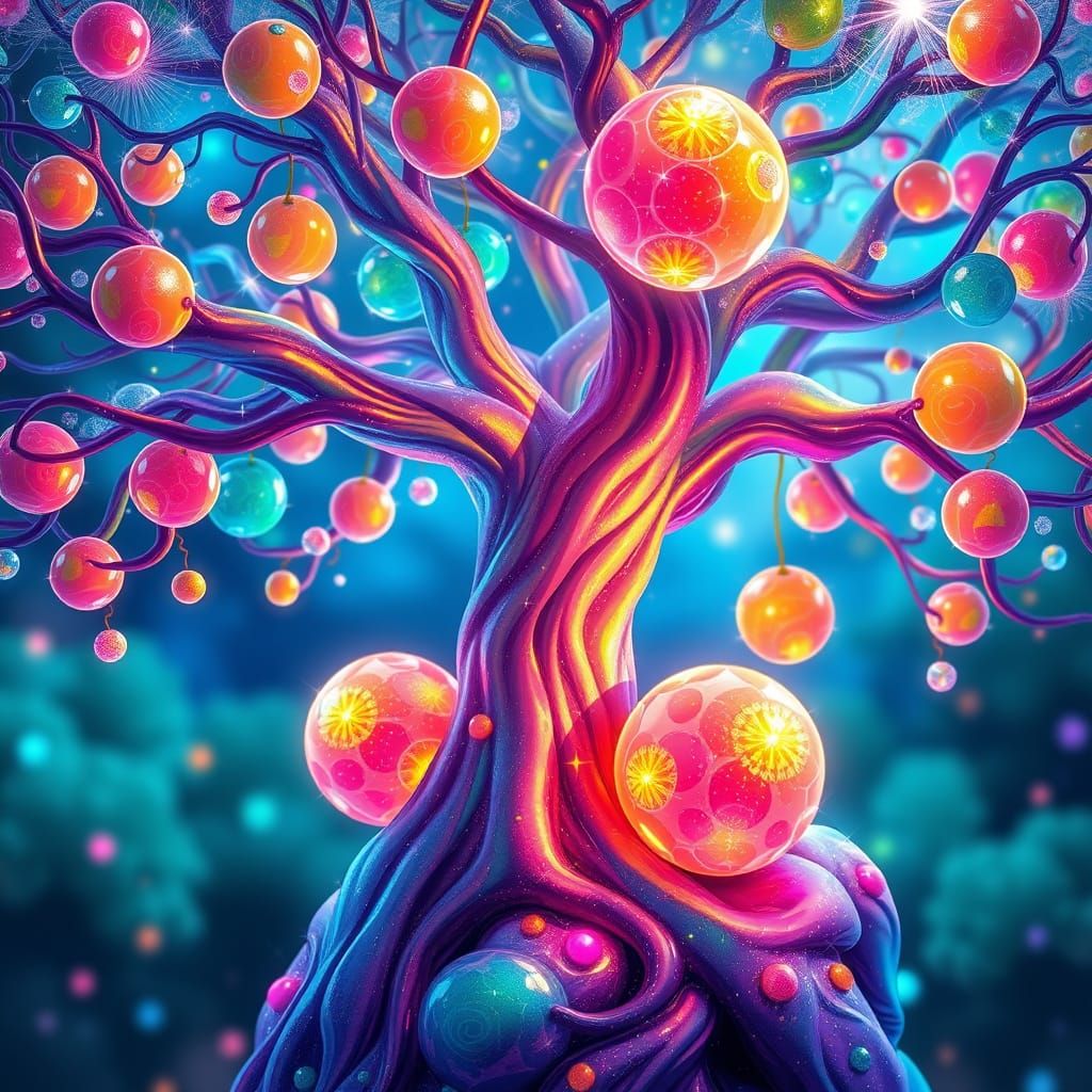 Surreal Candyland Tree with Glowing Rainbow Orbs