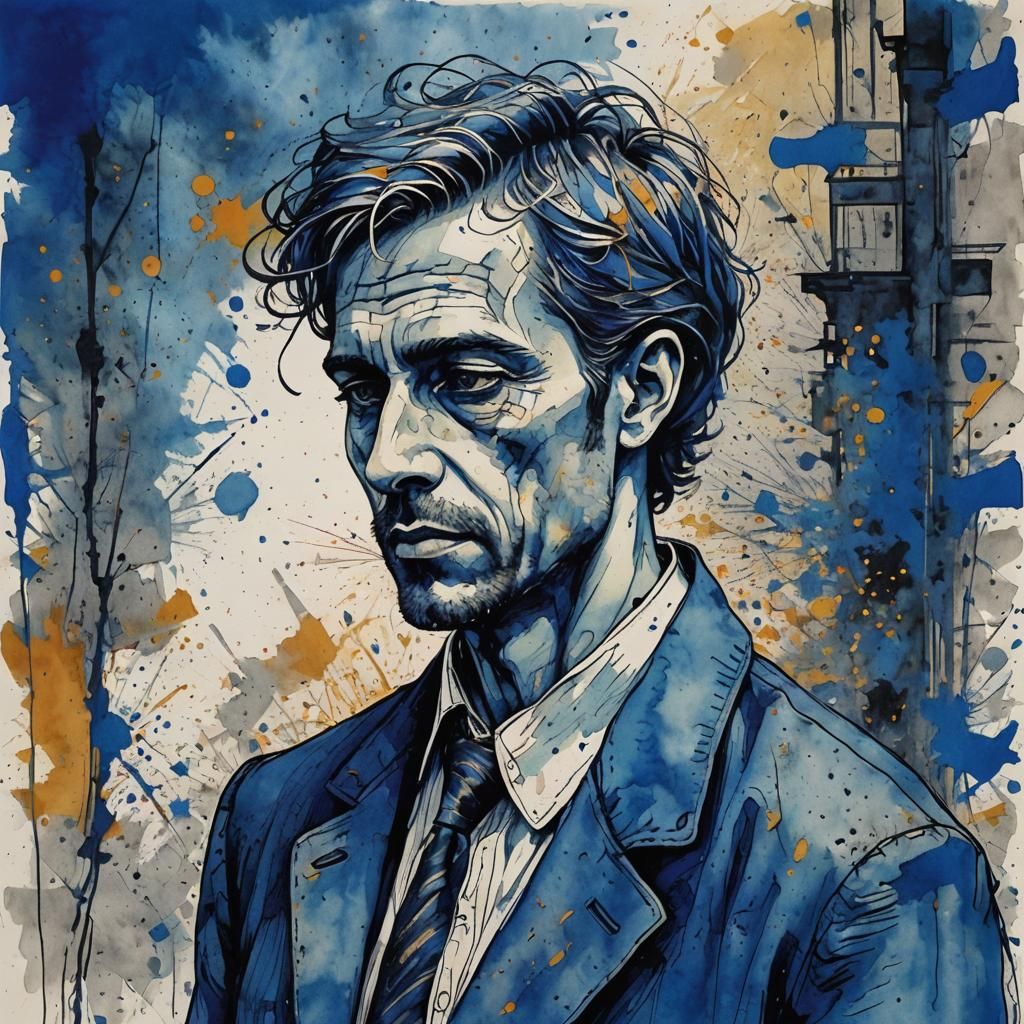 Bleak Male Portrait in Royal Blue Ink Drawing Style