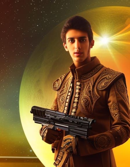 Sci-Fi Islamic Warrior on Starship Bridge