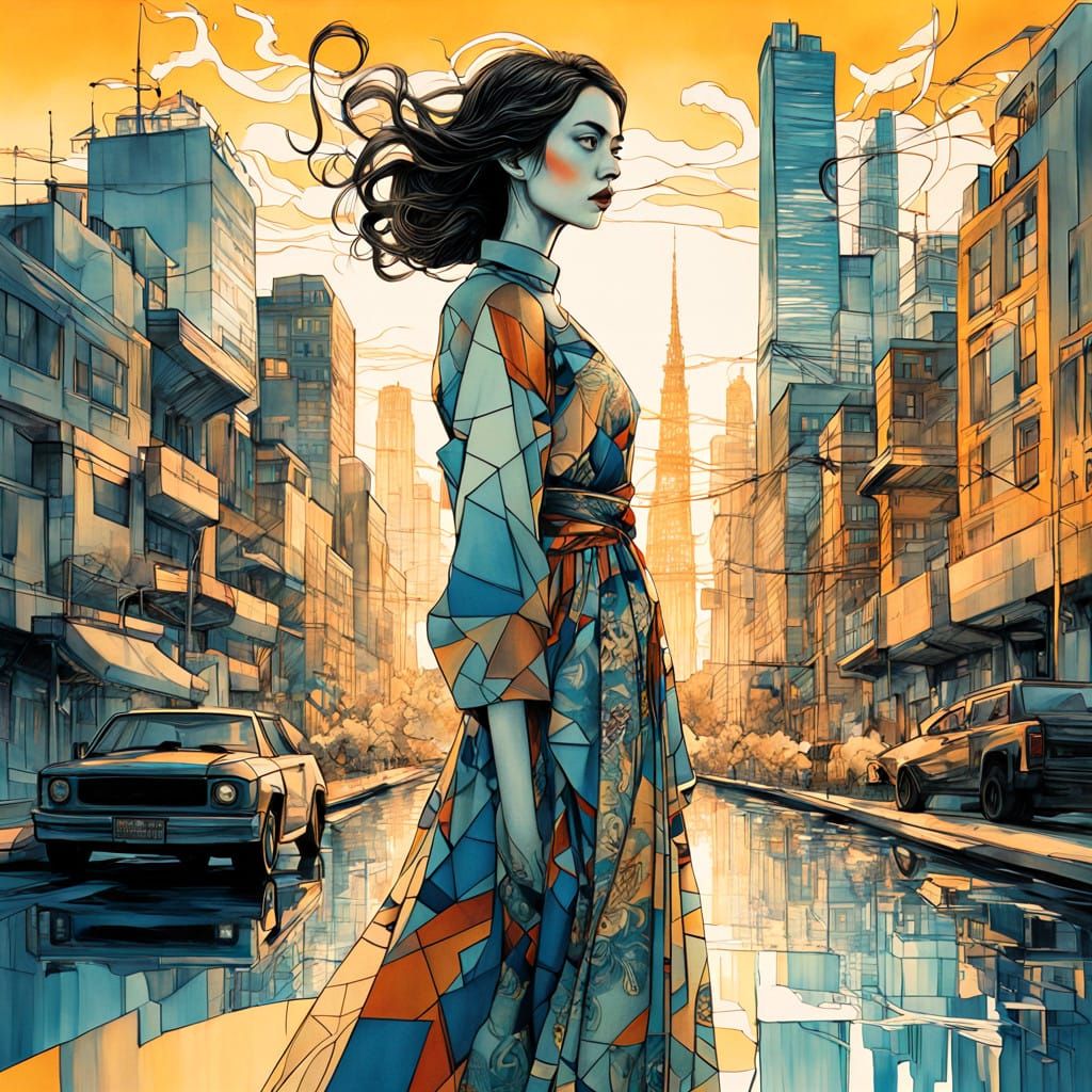 Dreamy Double Exposure Ink Drawing in Urban Setting