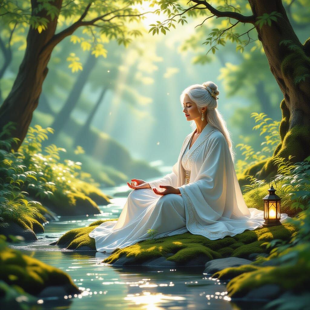 Elderly Woman Meditating in Sunlit Forest