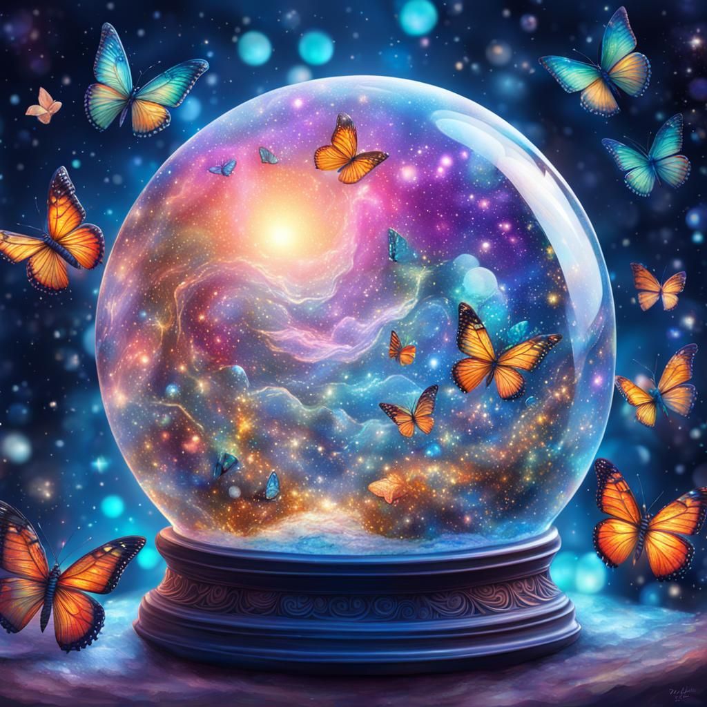 Butterflies' Cosmic Joy: Snow Globe Holographic Illustration