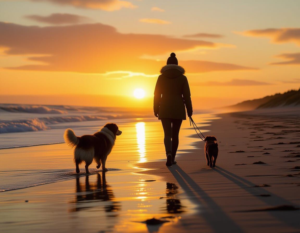 Dog Walker at Sunset: Atmospheric Beach Scene