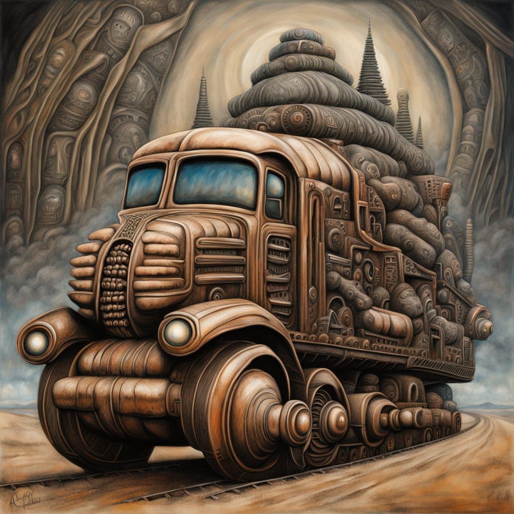 Surreal Biomechanical Sumo Buddha Truck in Desert