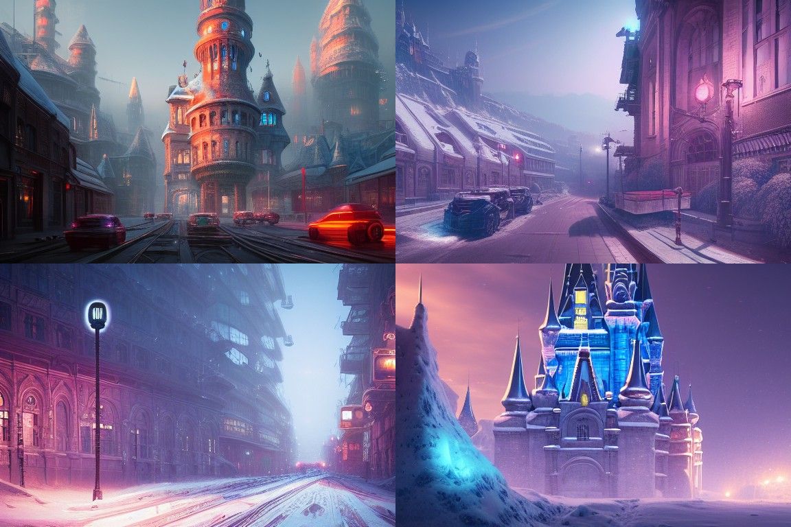 Clockpunk Cityscape with Frozen Castle in Neonpunk Style