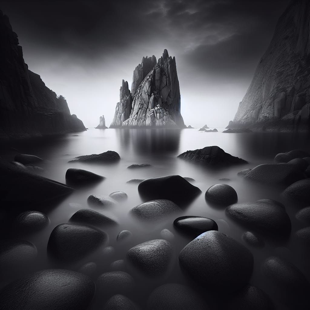 Monochrome Coastal Scene with Gothic Cliff