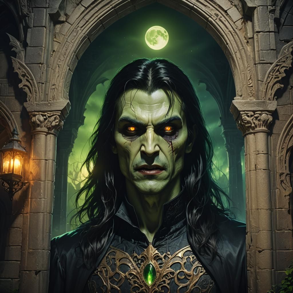 Vampire with Glowing Eyes in Gothic Castle