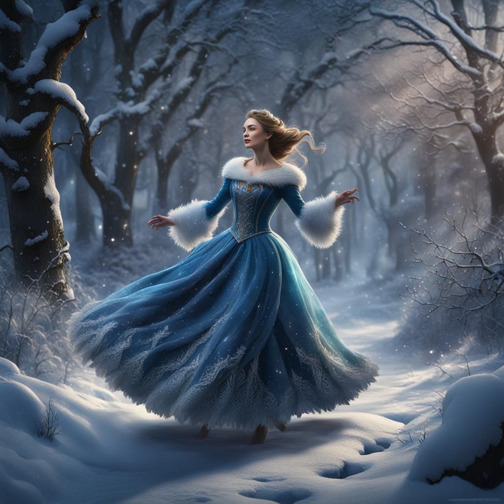 Enchanted Winter Forest: Impasto Painting of Dancing Woman