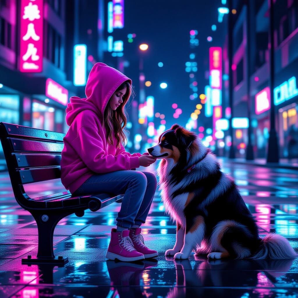 Girl and Dog in Neon Rain, Synthwave Style