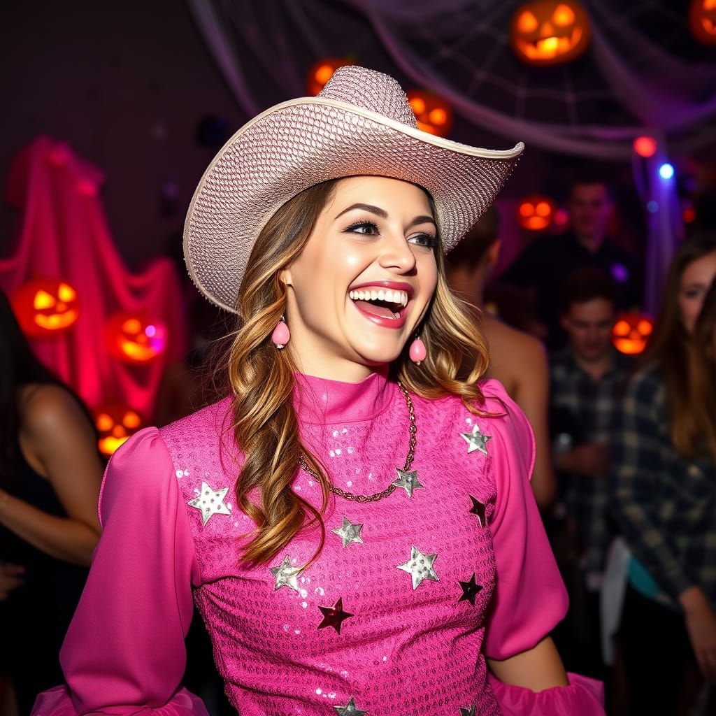 Enchanting Pink Cowgirl Captured in Mid-Laugh