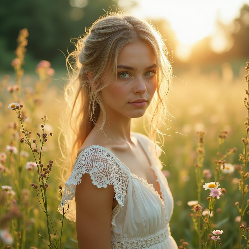 Woman in Wildflower Meadow, Impressionistic Style