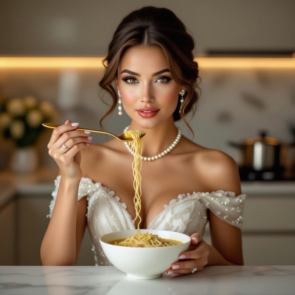 Elegant Woman Eats Noodles: Hyperrealistic Photography
