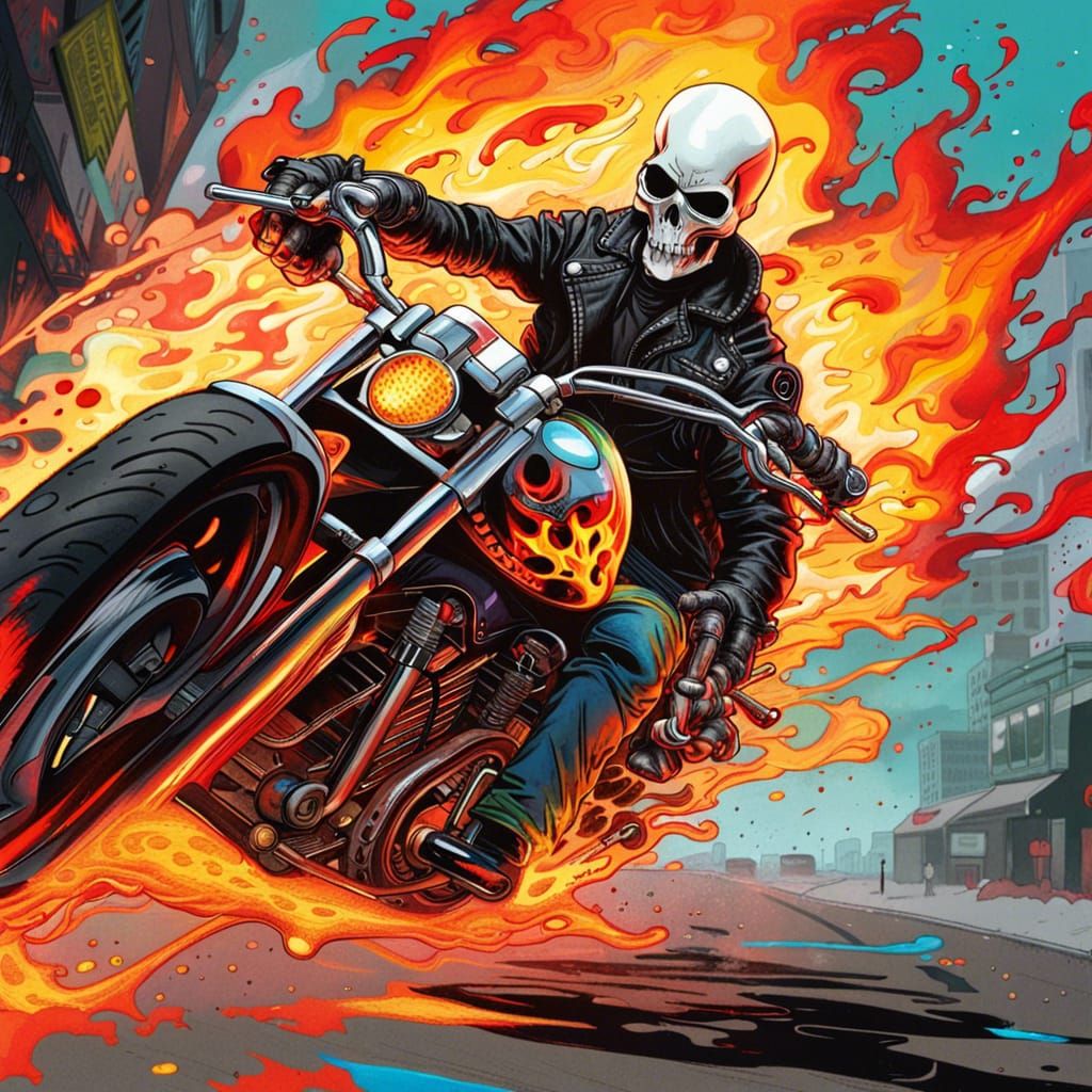 Ghost Rider on Flaming Motorcycle in Graffiti Style