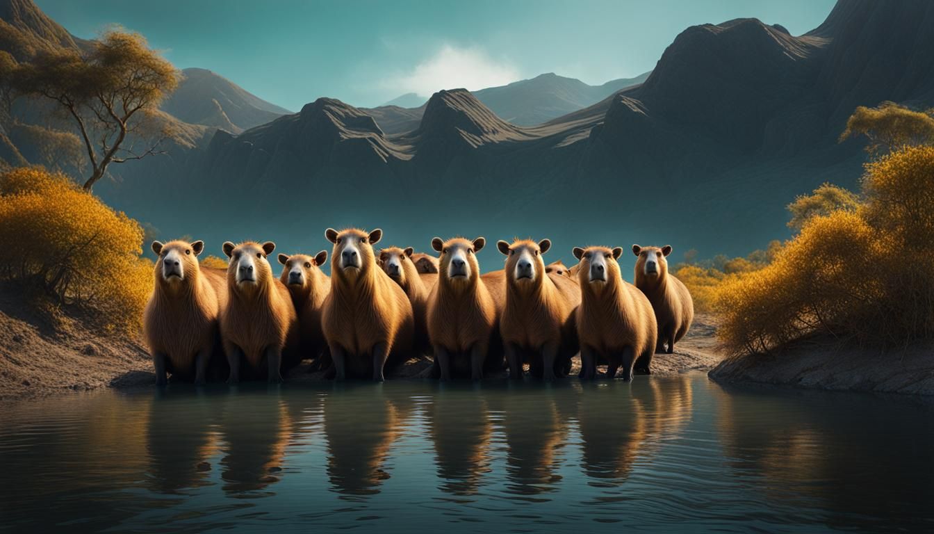 Concerned Capybaras in Surreal Melting Landscape
