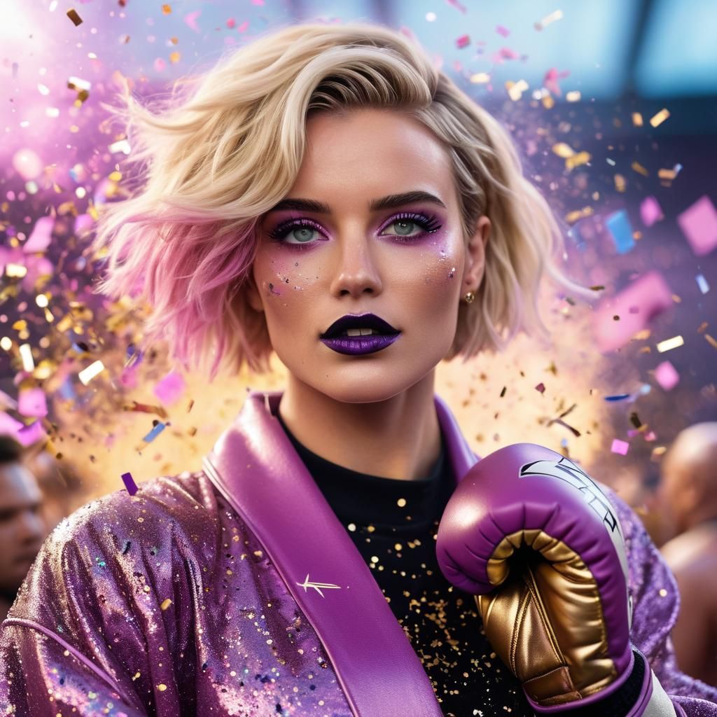 Victorious Woman Boxer in Opulent Galactic Attire