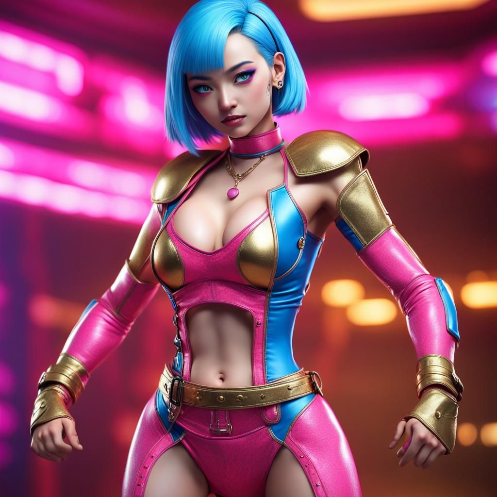 Hyperactive Android 18 Wrestler in Anime Key Visual Style