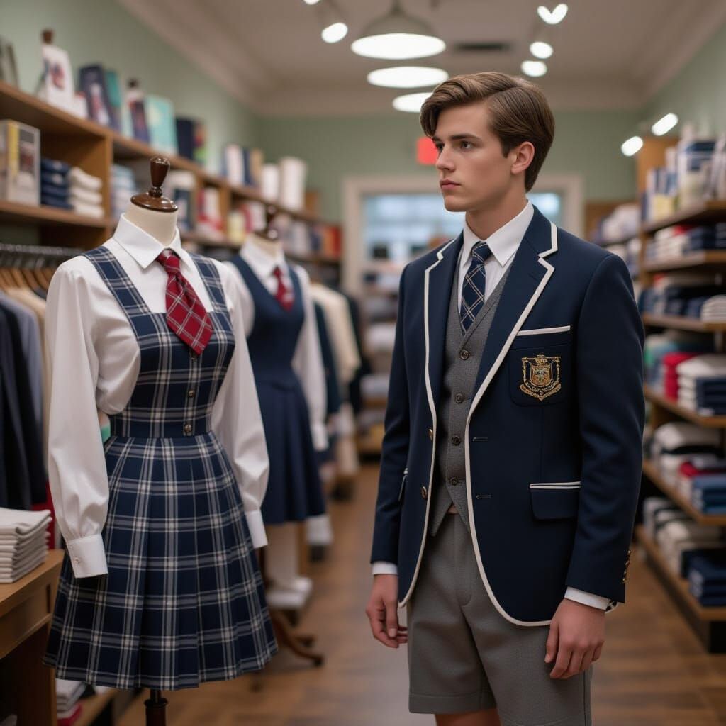 Man Admiring Schoolgirl Uniform in Cinematic Style