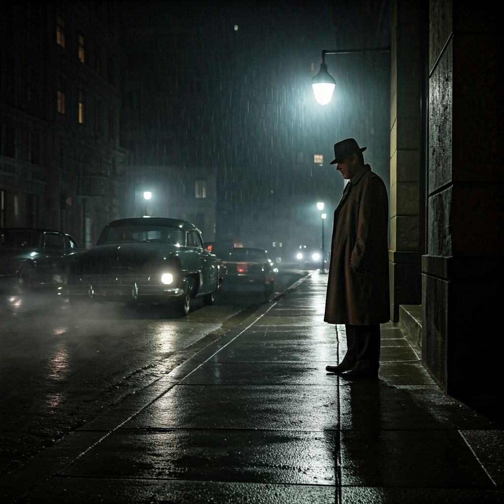 Film Noir Detective in Rainy City Street