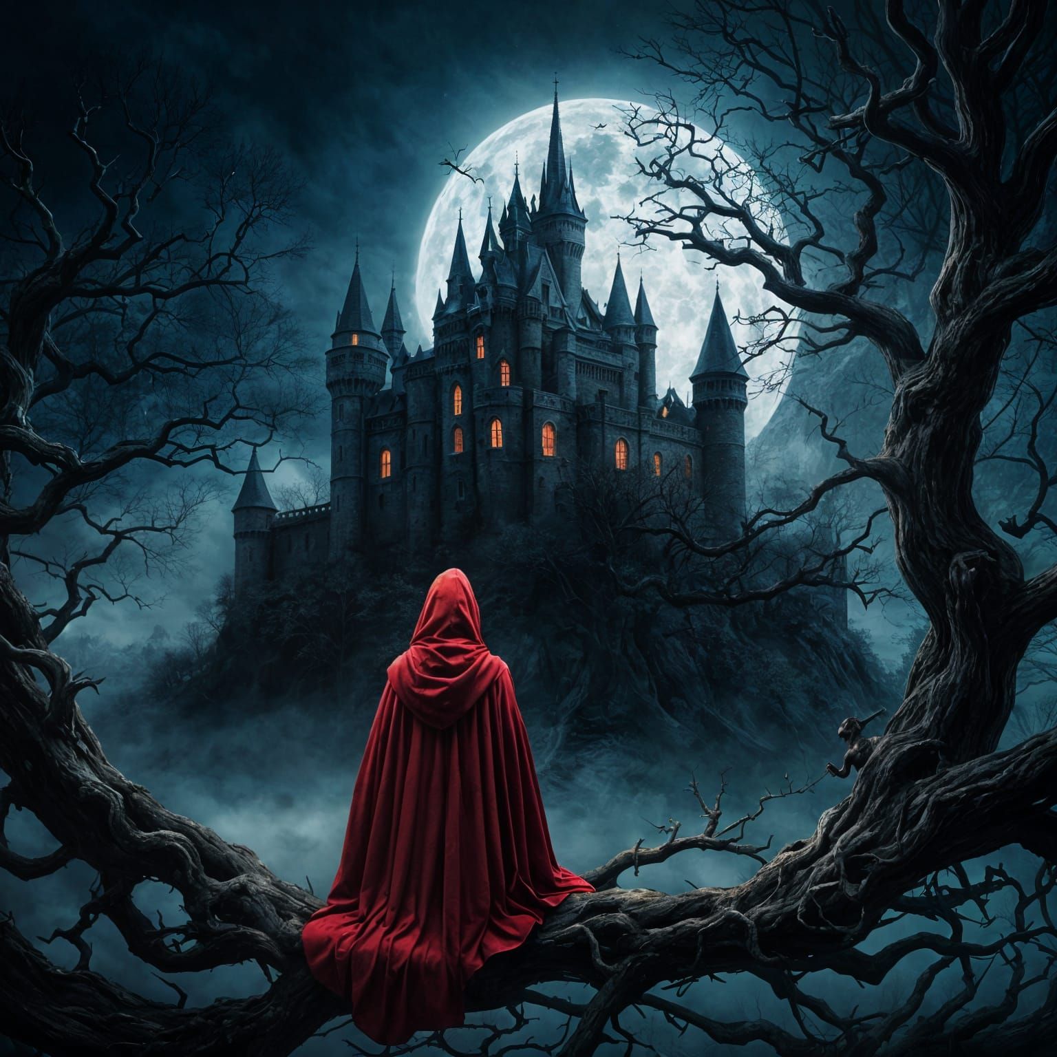 Little Red Riding Hood in Dark Fantasy Gothic Scene