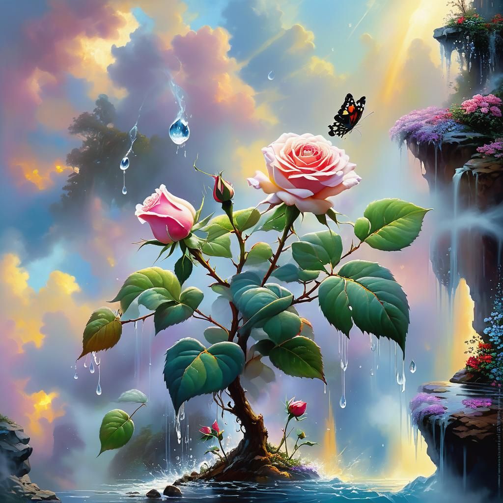 Rose with Water Droplets: Ethereal Oil Painting