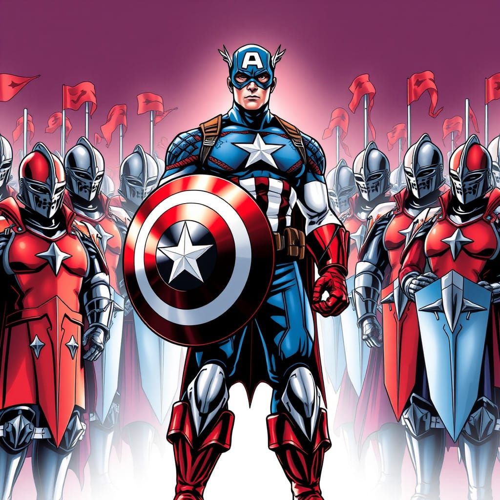 Captain America Surrounded by Knights in Futuristic Armor