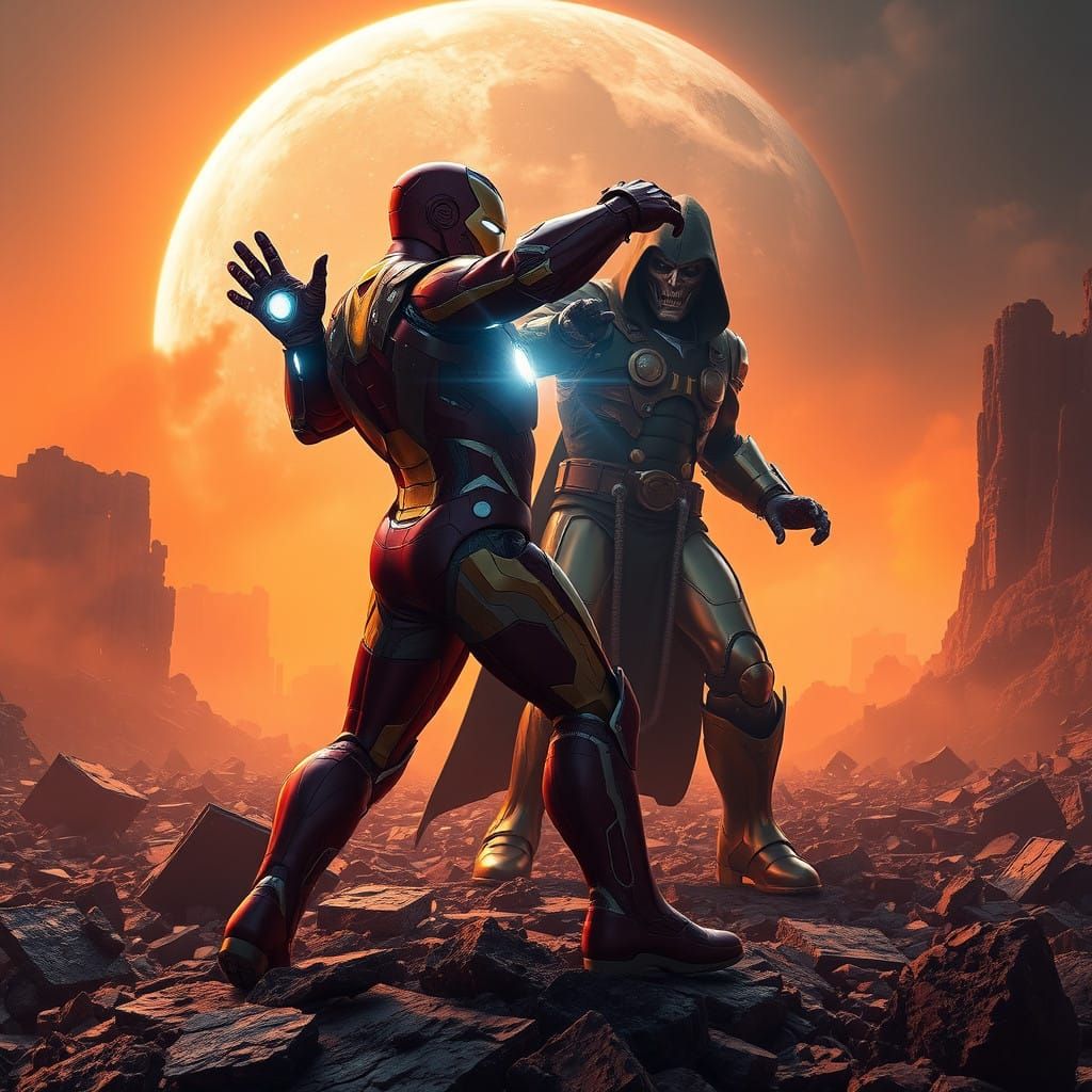 Iron Man Battles Dr. Doom on Titan in Epic Cyberpunk Clash
